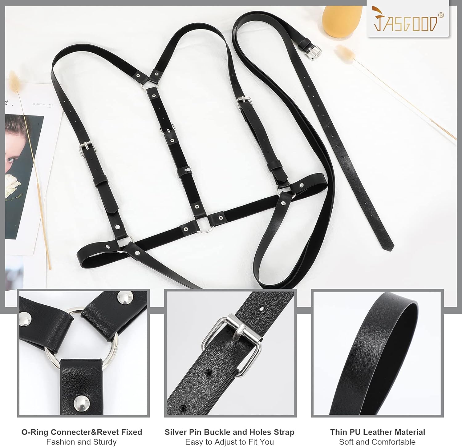 Punk Waist Belt Women PU Leather Skinny Body Adjustable Belts with Gothic Circle, Black