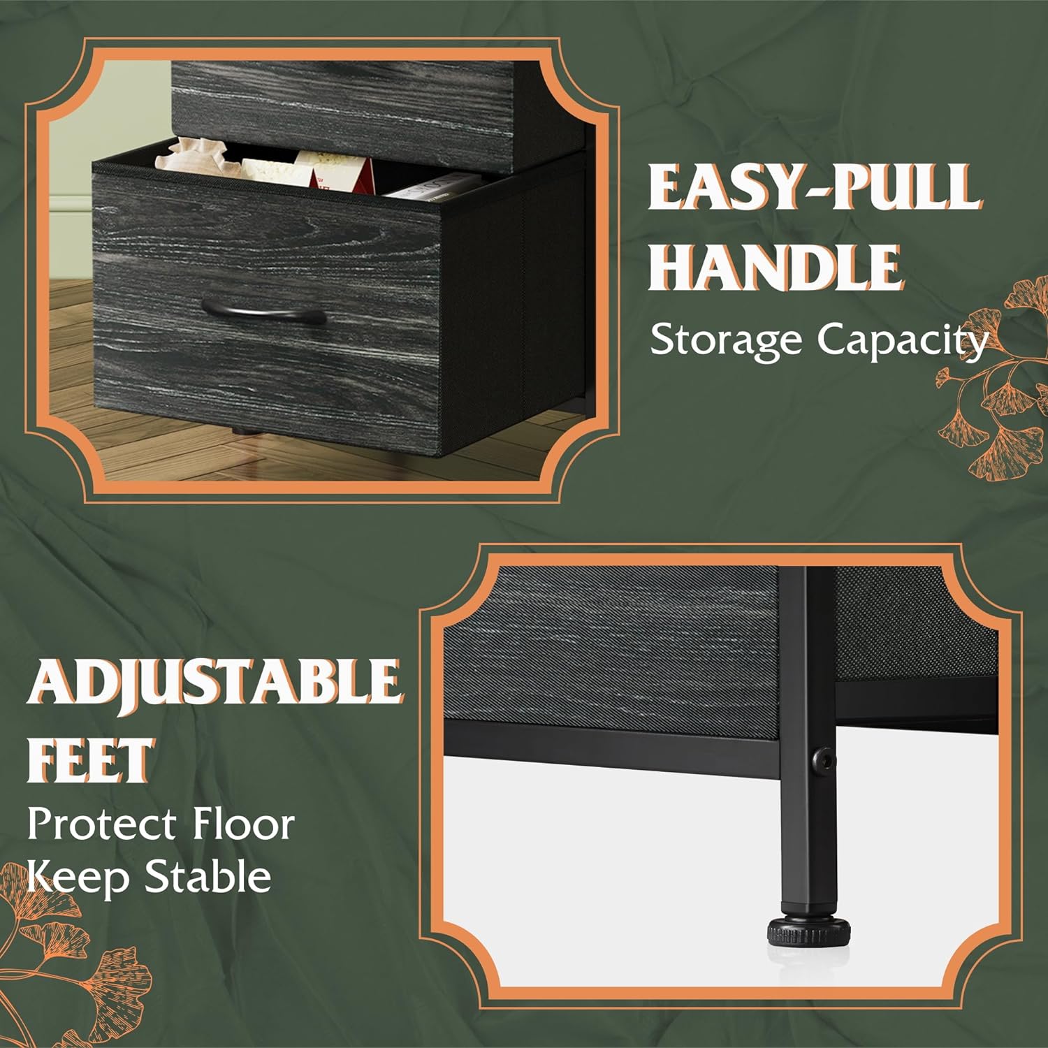 Nightstand with 3 Drawers, Fabric Dresser, Organizer Unit, Charcoal Black Wood Grain Print