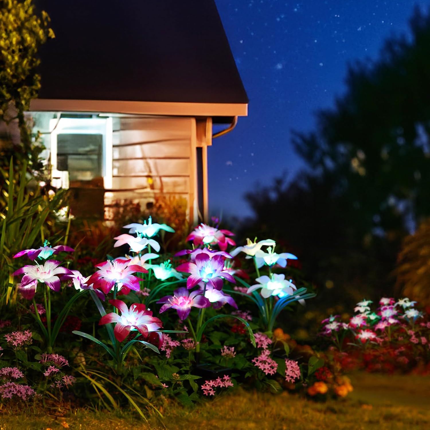 6 PACK Solar Lights Outdoor Garden, Upgraded Solar Garden Lights with 24 Enlarged Blooming Lily Flowers