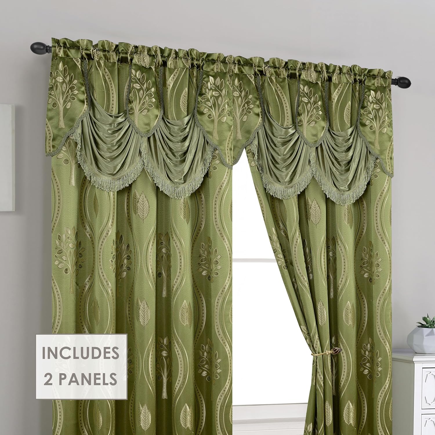Jacquard Look Curtain Panel Set with Attached Valance 54" X 84 inch (Set of 2), Sage
