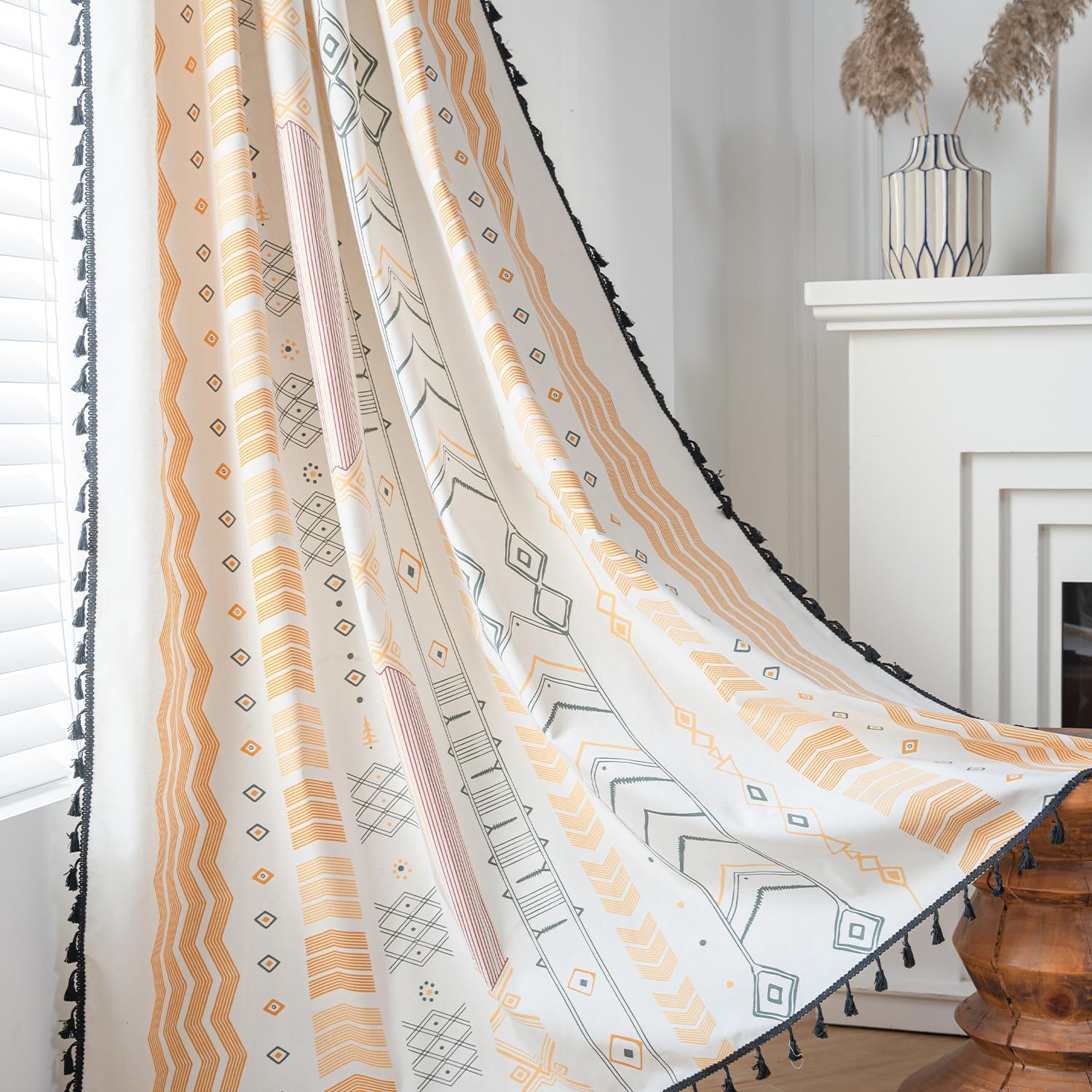 2 Panels 84 inch Semi Blackout Living Room Darkening Curtains, Geometric Tribal Cotton Linen