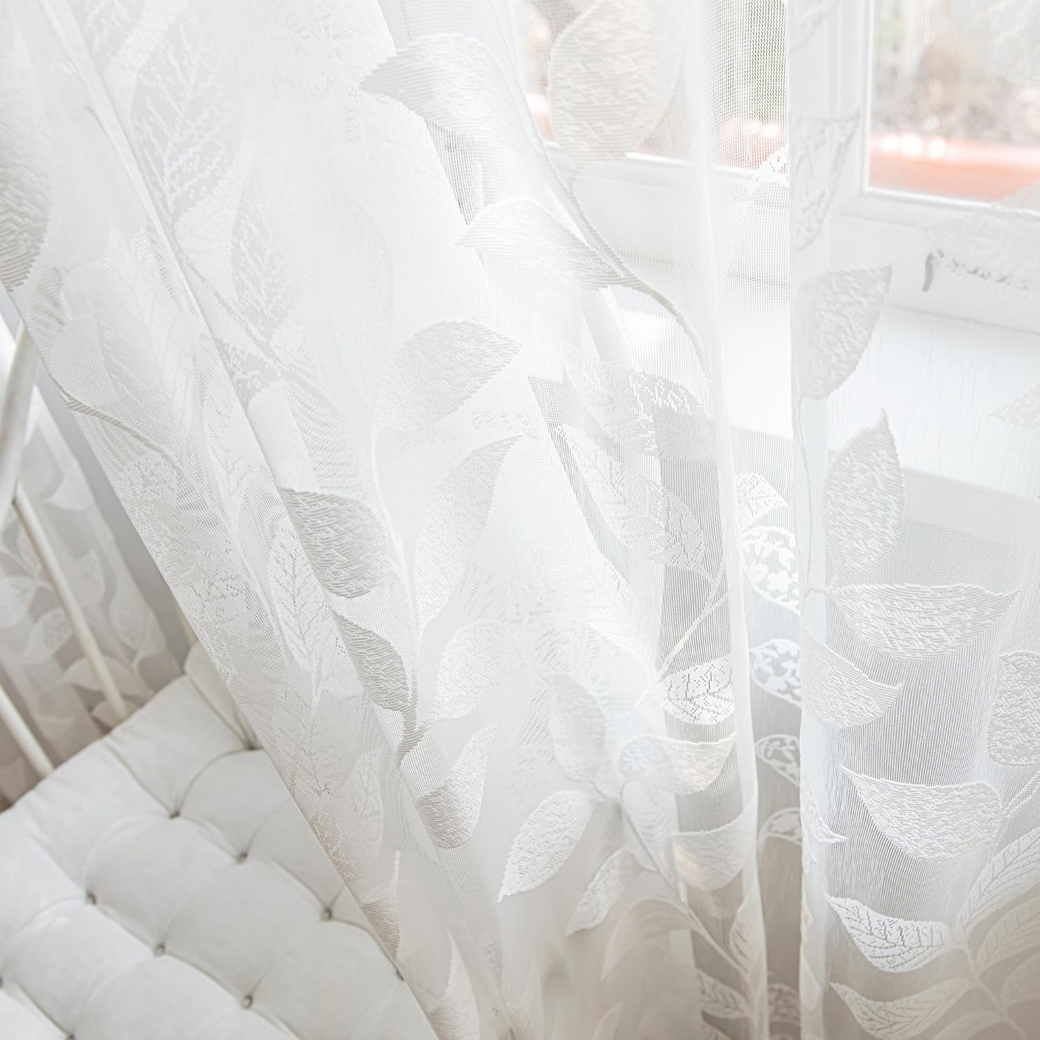 White Lace Sheer Curtains 63inch Vintage Leaf Knitted Window Curtain Drapes, 54" W,  2 Panels