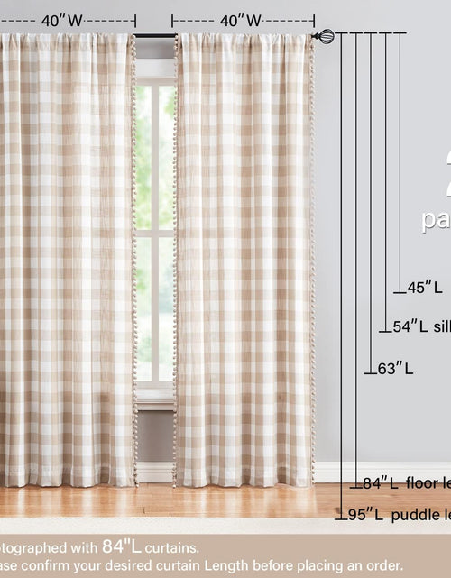 Load image into Gallery viewer, Pompom Buffalo Check Curtains Taupe and White Plaid Window Treatment Set 95 inch Rustic Farmhouse Curtain Drapes
