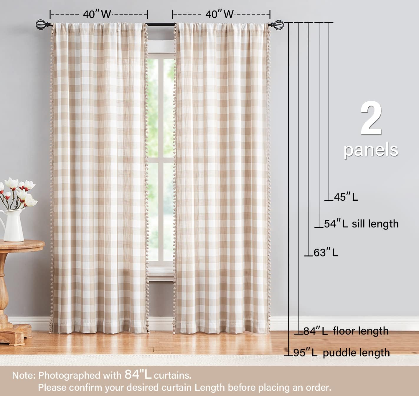 Pompom Buffalo Check Curtains Taupe and White Plaid Window Treatment Set 95 inch Rustic Farmhouse Curtain Drapes