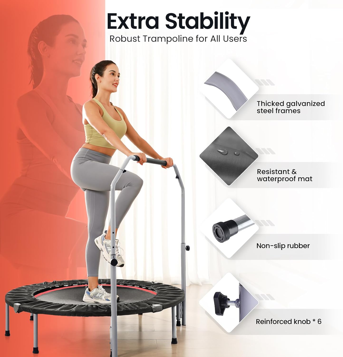 Foldable Mini Trampoline Max Load 330lbs/440lbs, Fitness Rebounder with Adjustable Foam Handle, 40-Inch