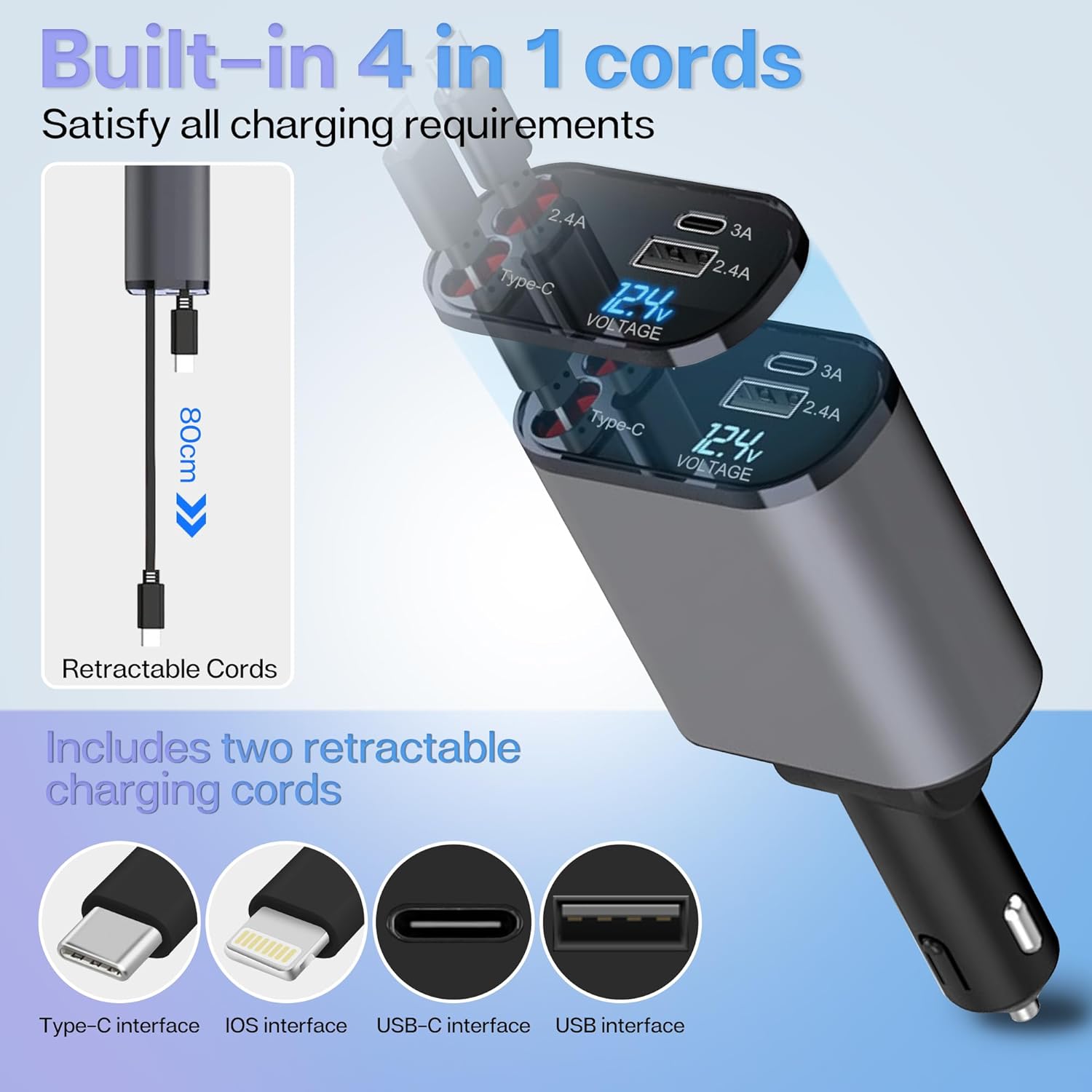 Retractable Car Charger with 100W, 4 in 1 Car Fast Charger for iPhone and Type C