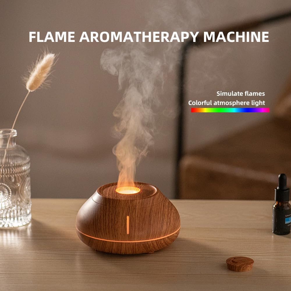 Aromatherapy Essential Oil Flame Diffuser with Ultrasonic Mist Auto Shut-Off Air Humidifier Light, Wood