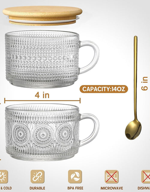 Load image into Gallery viewer, 4pcs Set Vintage Coffee Mugs gifts for women, Overnight Oats Containers with Bamboo Lids and Spoons - 14oz Clear
