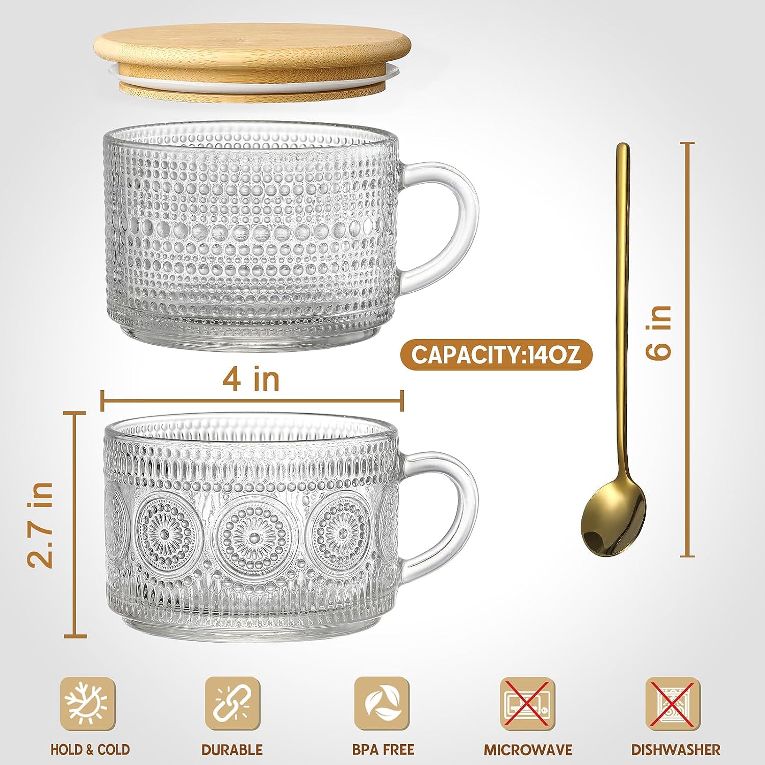 4pcs Set Vintage Coffee Mugs gifts for women, Overnight Oats Containers with Bamboo Lids and Spoons - 14oz Clear