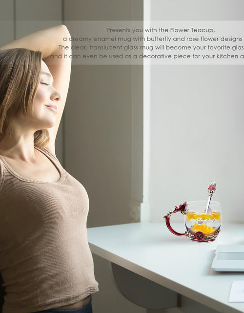 Load image into Gallery viewer, Glass Tea Cup Coffee Mugs &amp; Gifts for Women with Spoon Beautiful Rose Flower Butterfly (Red)
