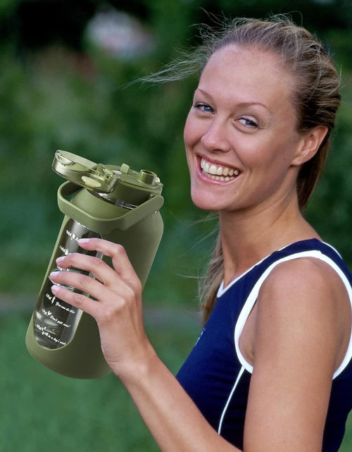 Load image into Gallery viewer, 74oz Glass Water Bottle with Straw 2.2L Large Gallon Motivational Water Bottle with Handle and Time Marker, Olive
