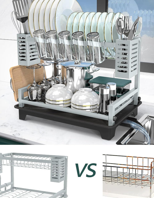 Load image into Gallery viewer, 2 Tier Dish Racks for Kitchen Counter, Large Dish Drying Rack with Drainboard &amp; Utensil Holders, Gray

