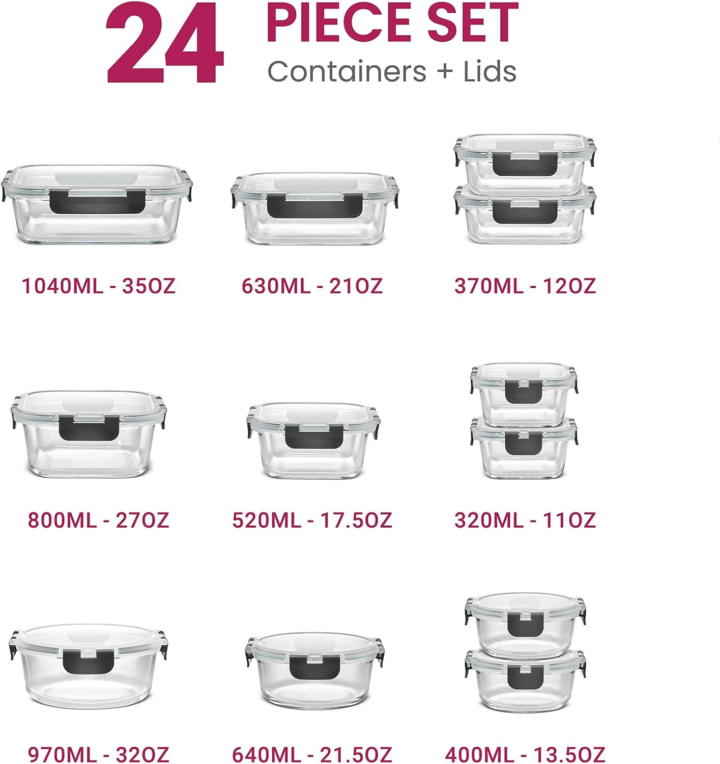 24 Piece Glass Storage Containers with Lids - Leak Proof, Dishwasher Safe Glass Food Storage Containers