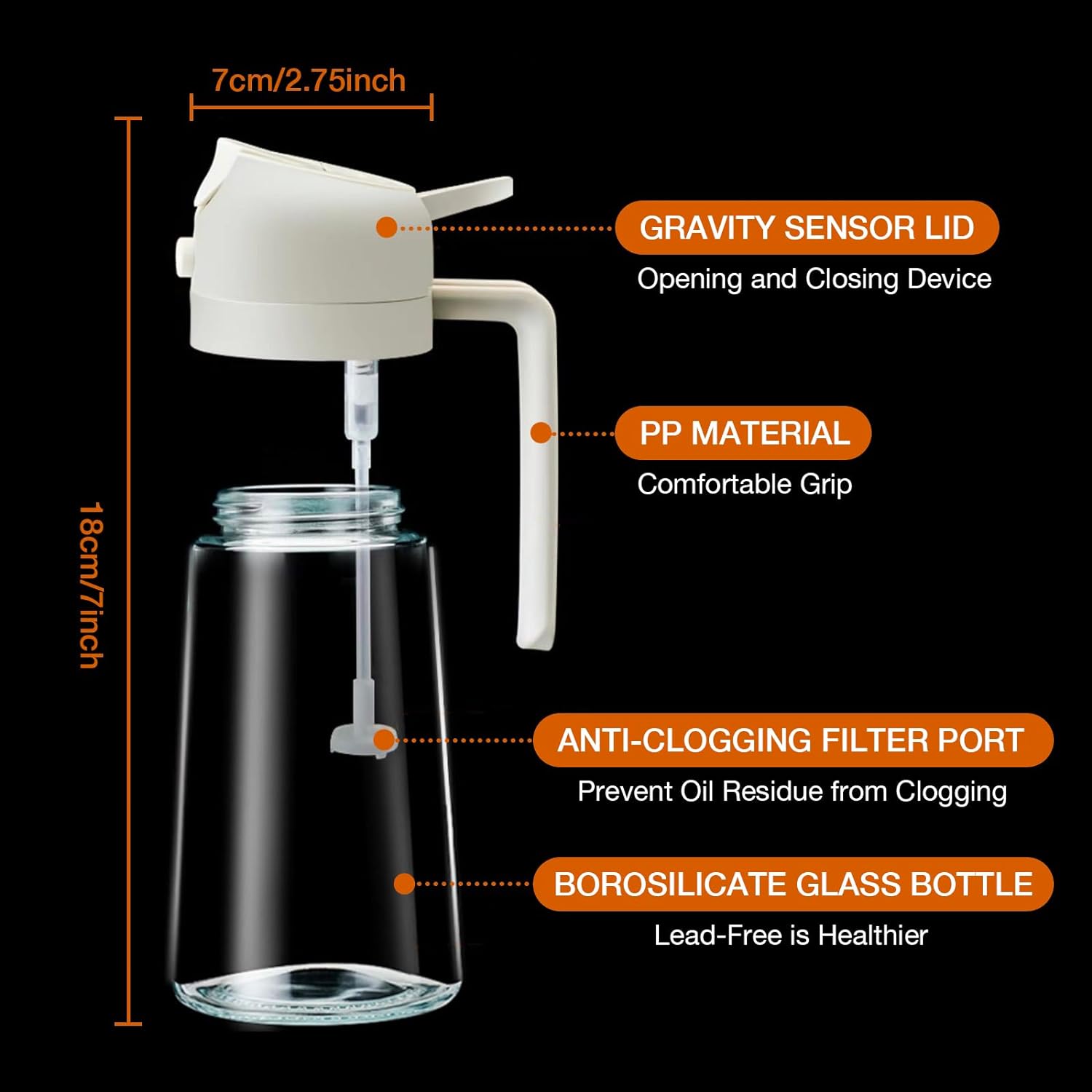2 in 1 Olive Oil Dispenser Bottle for Kitchen, 17oz/500ml Premium Glass Oil Bottle, Creamy White