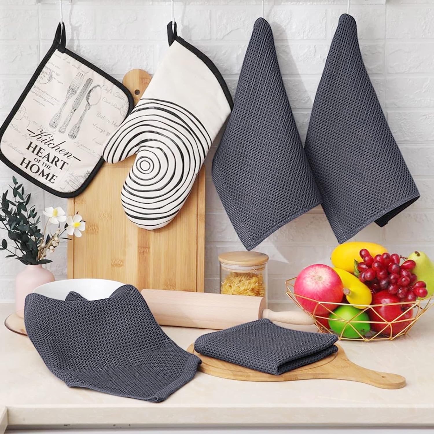 Cotton Waffle Weave Kitchen Dish Cloths, 12x12 Inches, 6-Pack, Dark Grey