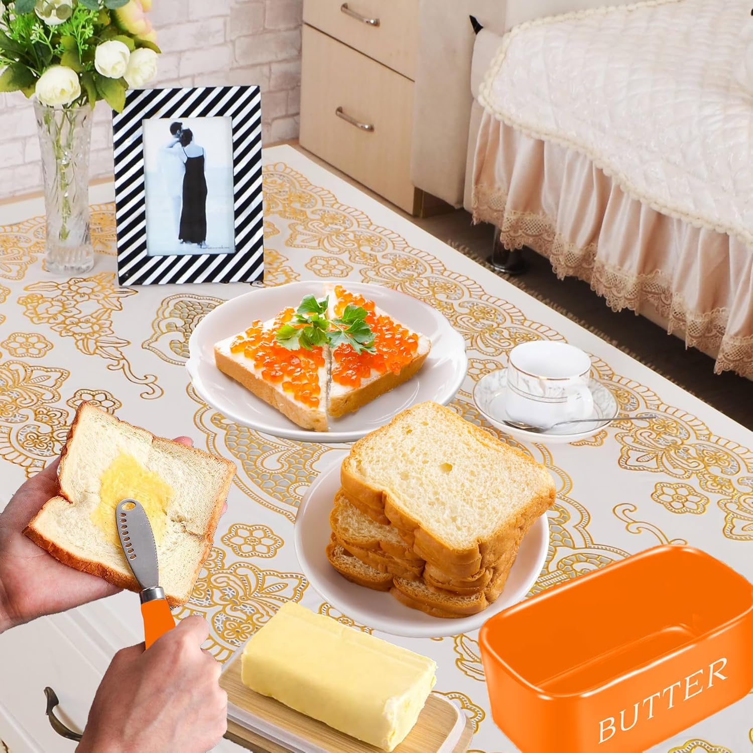 Large Butter Dish with Lid for Countertop Ceramic Butter Container with Knife Holder, Orange