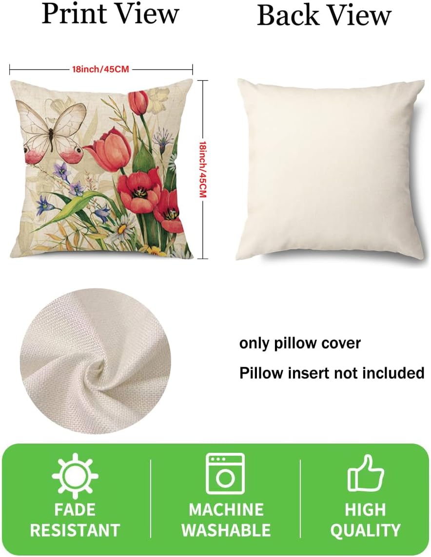 Set of 4 Decorative Spring Pillow Covers Linen Flower Butterfly Farmhouse Pillowcases, 18 x 18