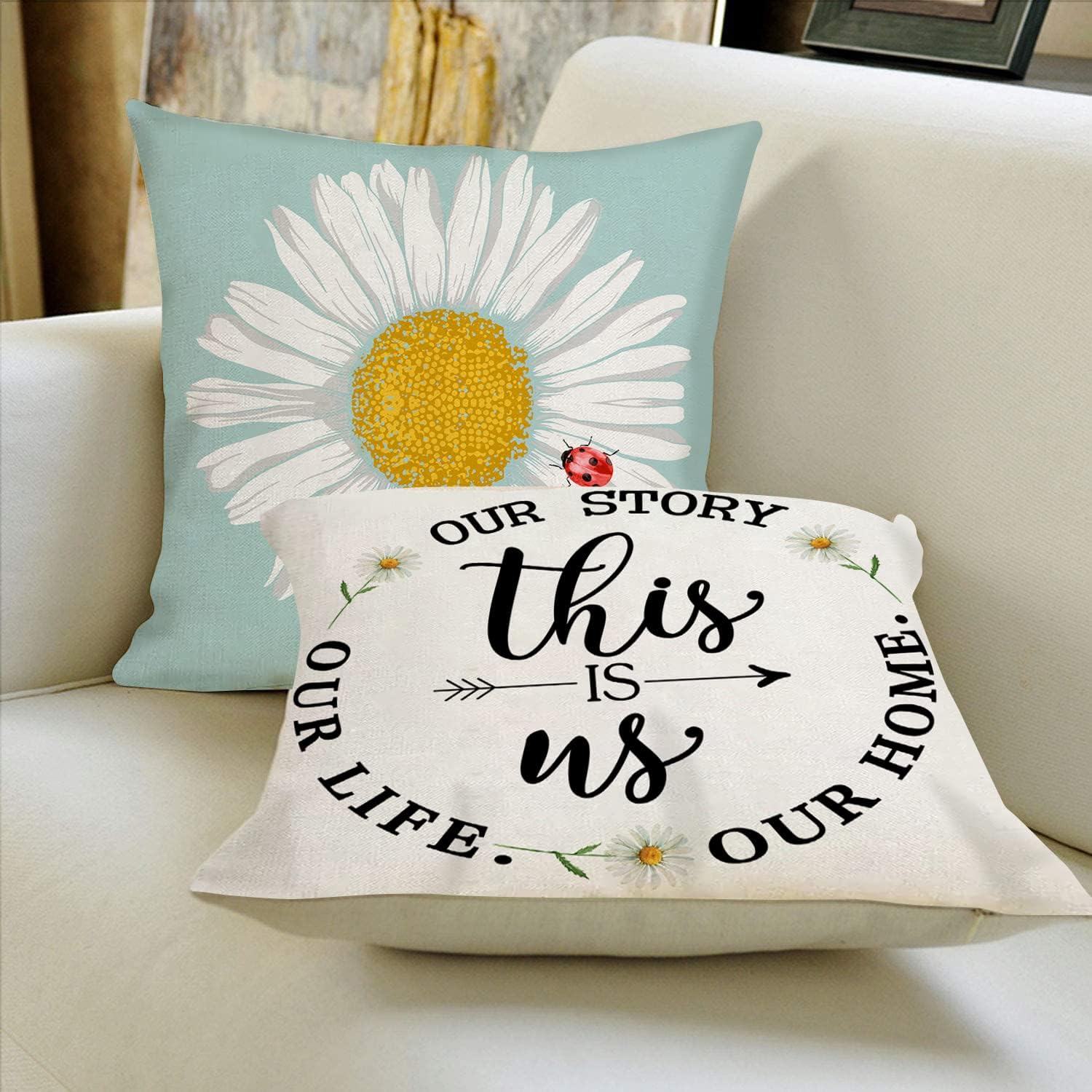 Set of 4, Sunflower Decorative Spring Daisy Light Blue Cushion Case for Sofa Couch