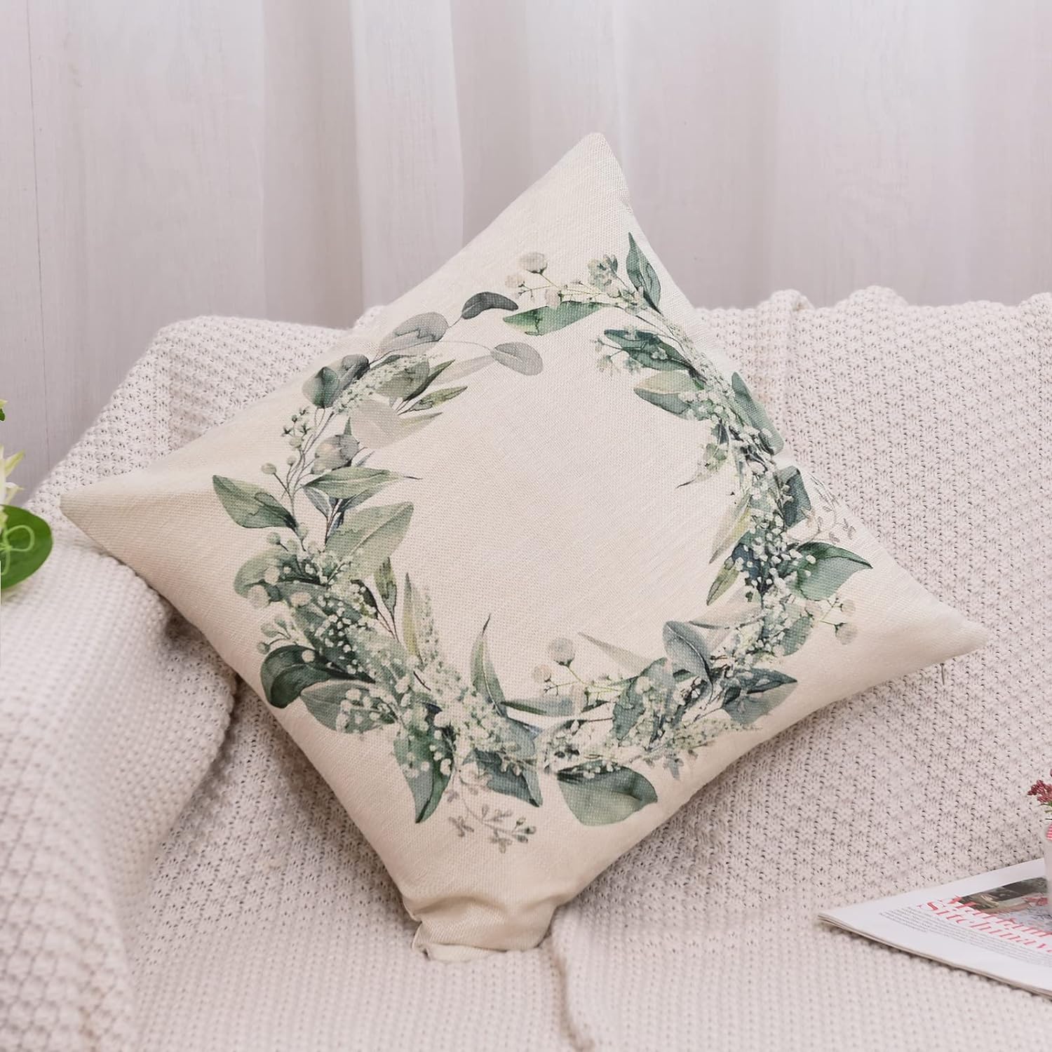 Set of 4 Decorative Spring Wreath Pillow Covers 18 x 18 Inches - Summer Floral Leaves Bless Home Linen Cushion Cases