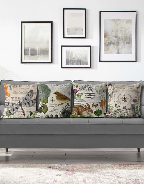 Load image into Gallery viewer, Beige Vintage Throw Pillow Covers 18x18 Set of 4 Rustic Farmhouse Bunny Bird Bee Pillow Covers
