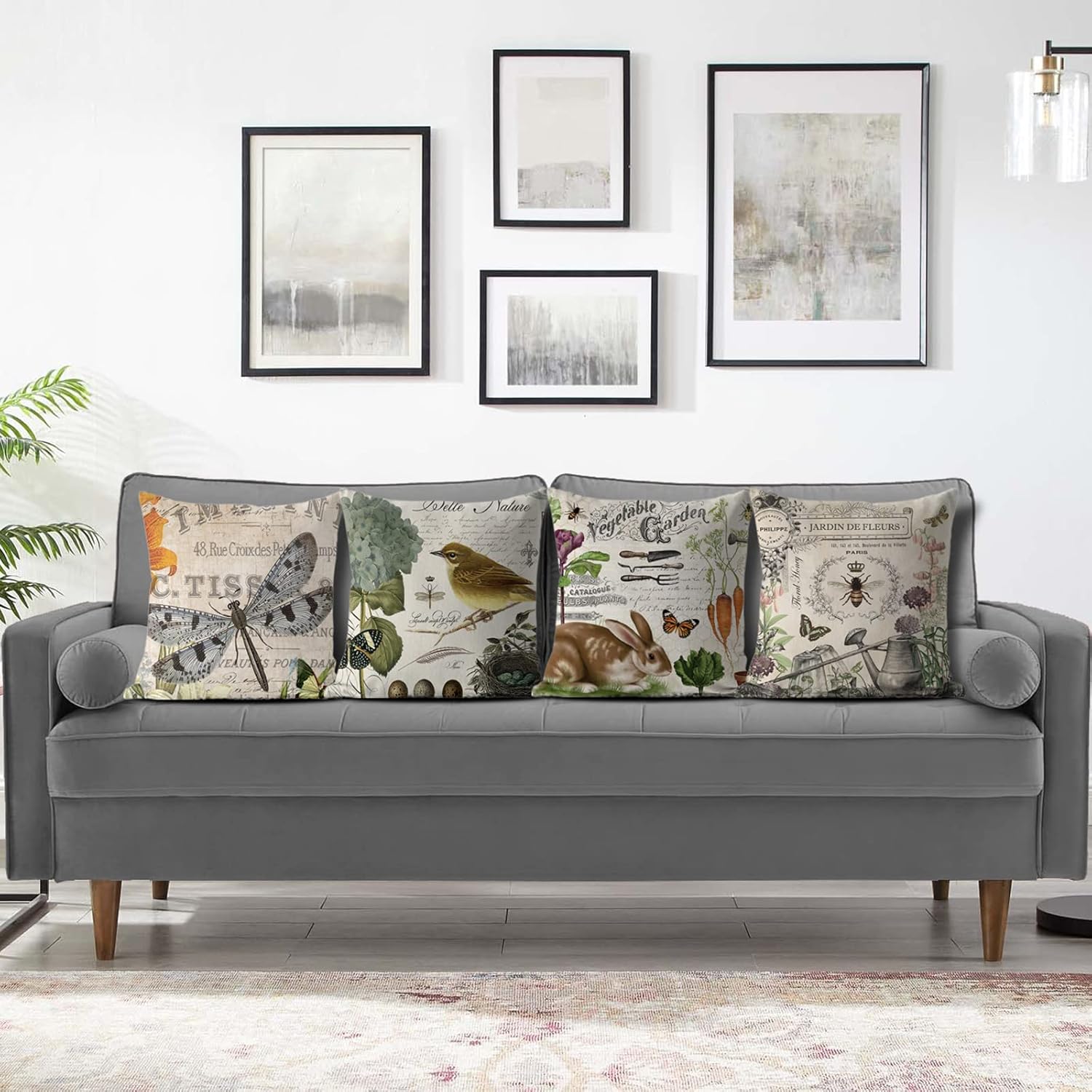 Beige Vintage Throw Pillow Covers 18x18 Set of 4 Rustic Farmhouse Bunny Bird Bee Pillow Covers