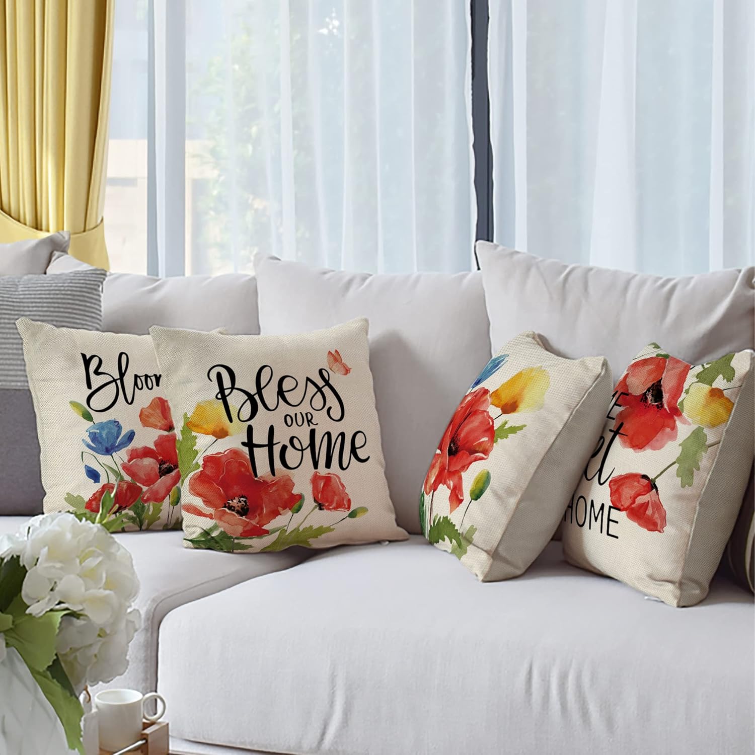 Poppy Floral Flowers Decorative Throw Pillow Covers 18 x 18 Set of 4