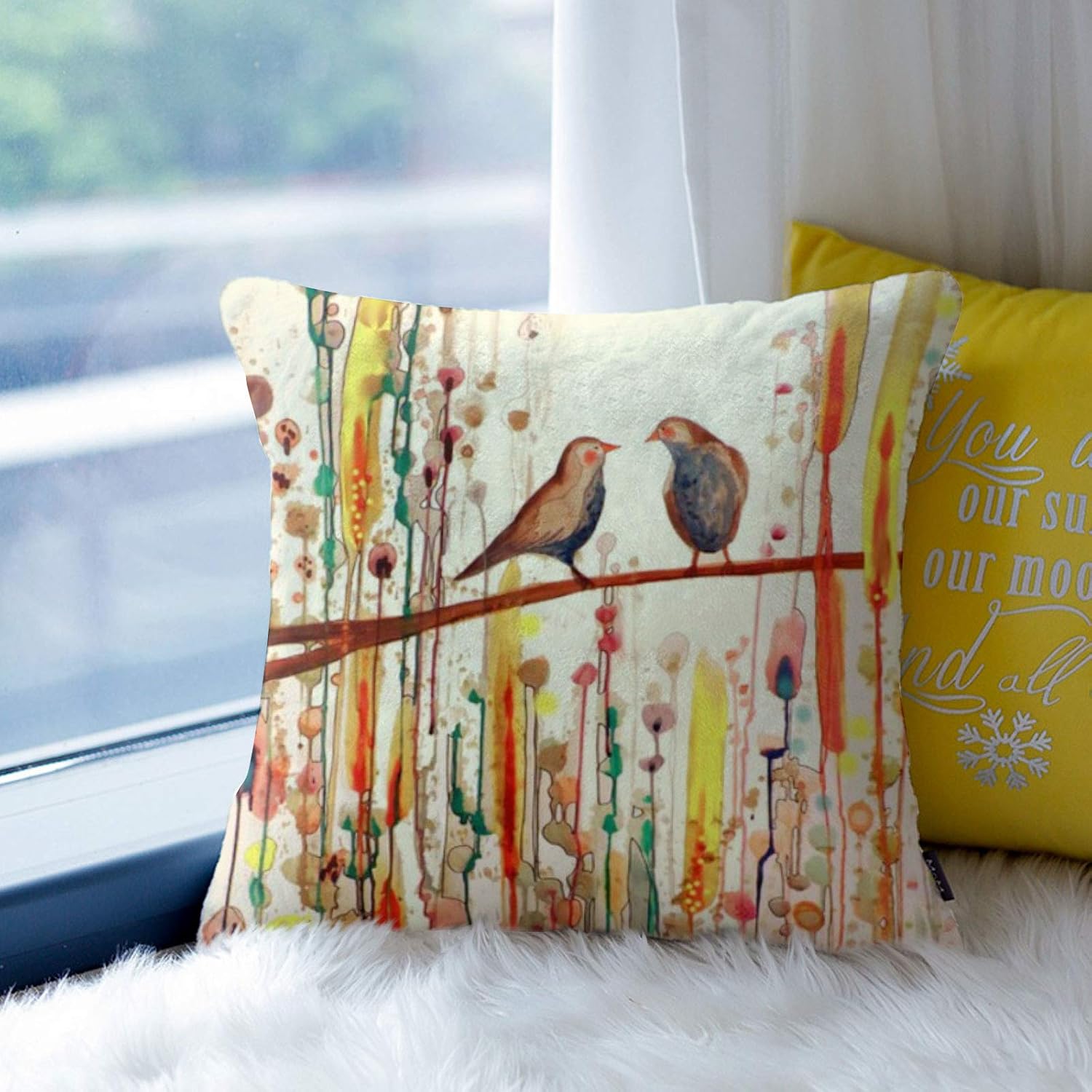Modern Decoration Throw Pillow Covers 18x18 Set of 4 Retro Bird Flowers Throw Pillowcovers
