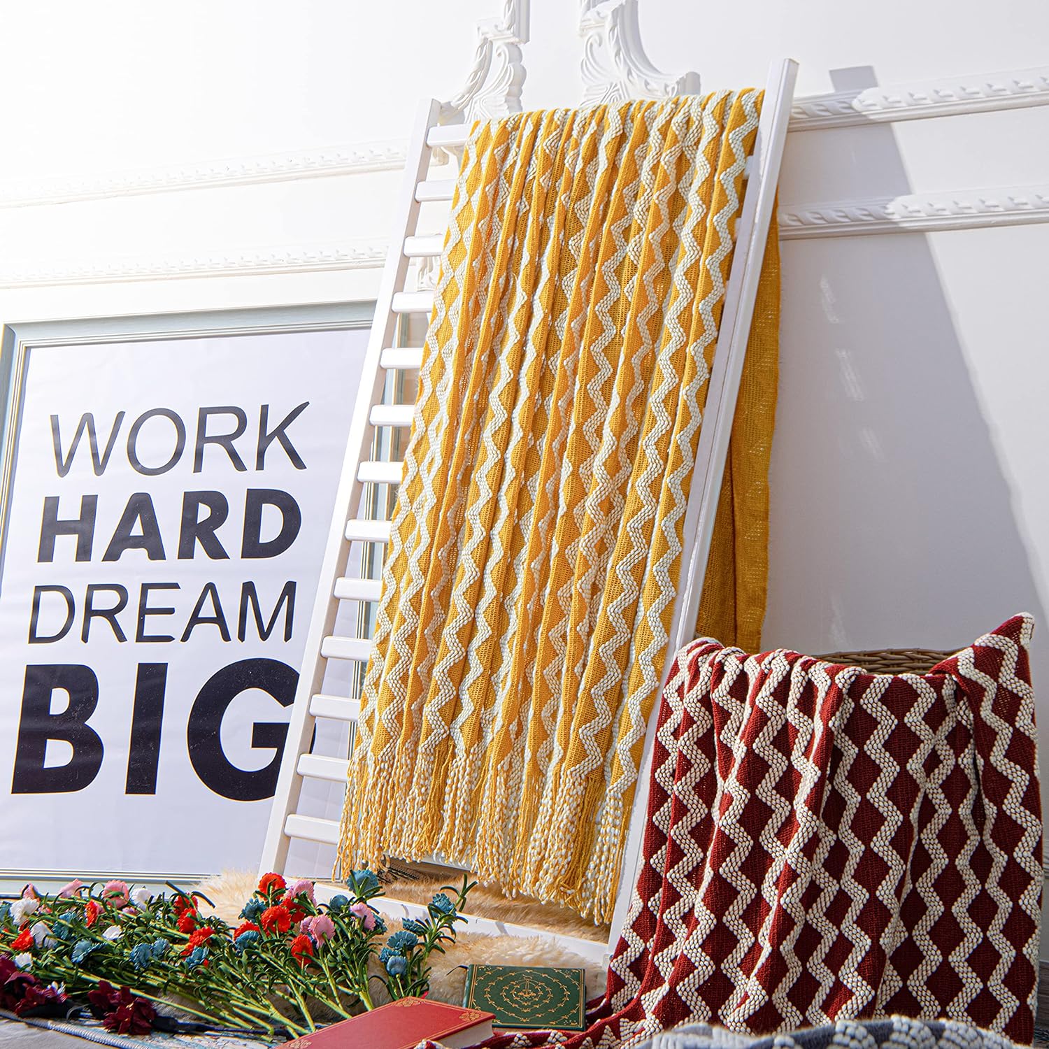 Acrylic Knitted Throw Blanket, Lightweight and Soft Cozy Decorative Woven Blanket with Tassels, 51x67 Inches, Mustard Yellow