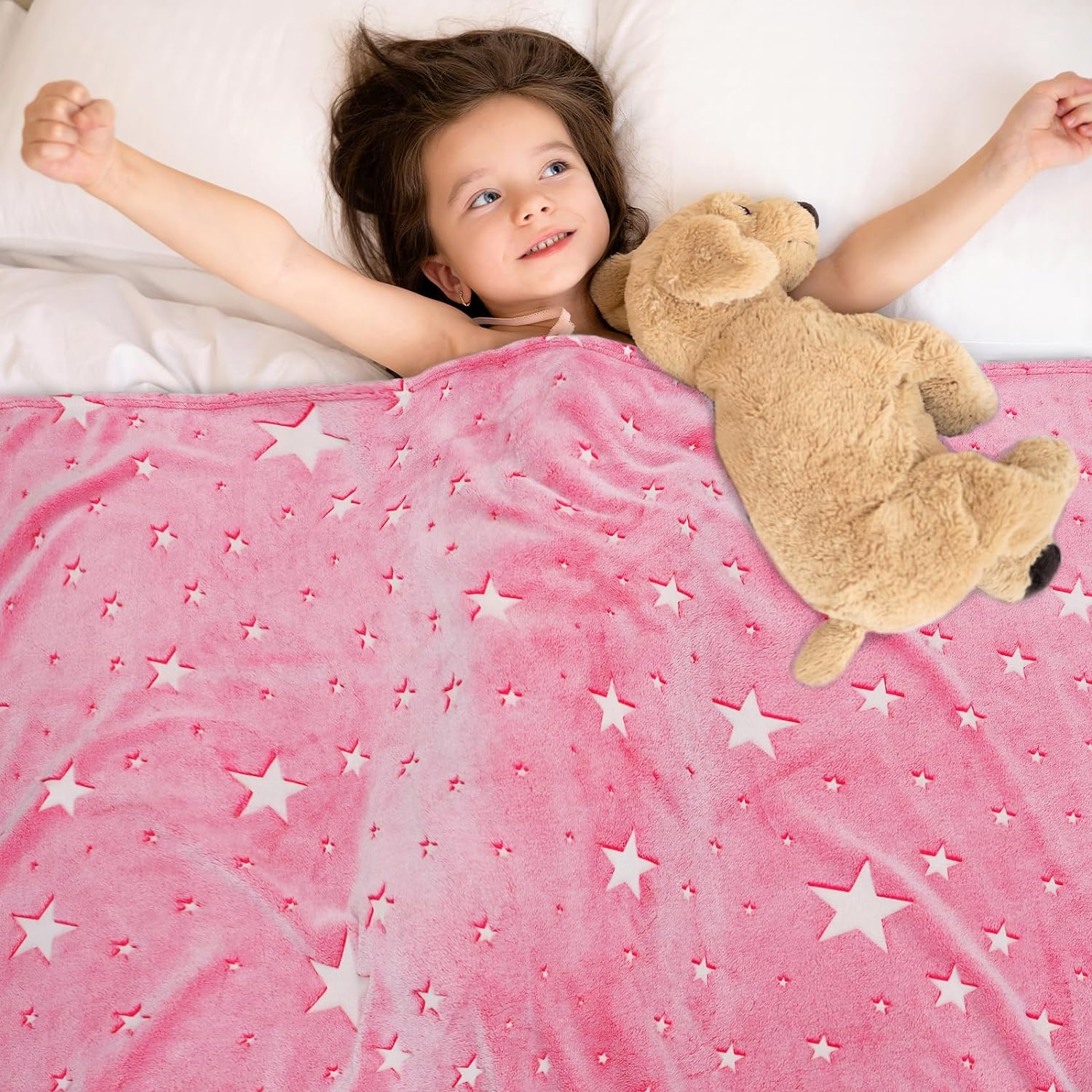 Glow in The Dark Blanket Girls Pink Star Blanket Fleece Blanket, Pink Star