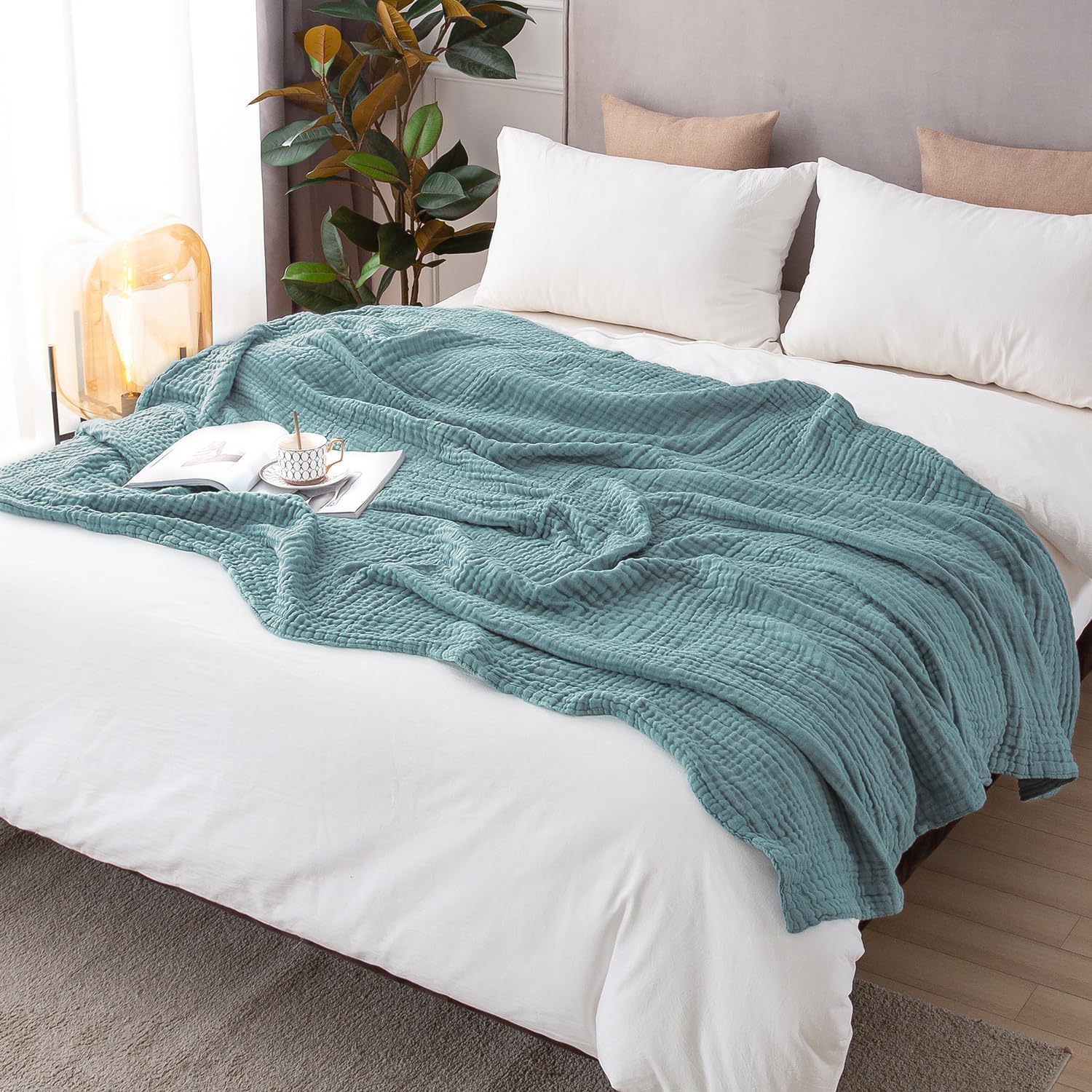 Cotton Throw Blanket for Couch Soft Muslin Blankets 50"x60" Lightweight, Teal