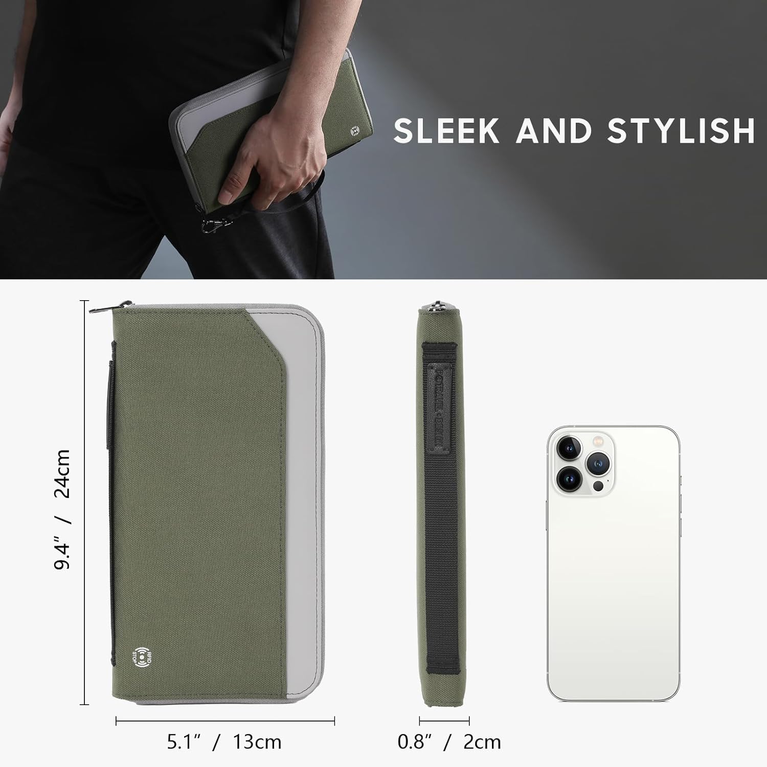 RFID Large Travel Passport Wallet with Airtag & Card Holder Women Men  with Zipper Pocket, Army Green