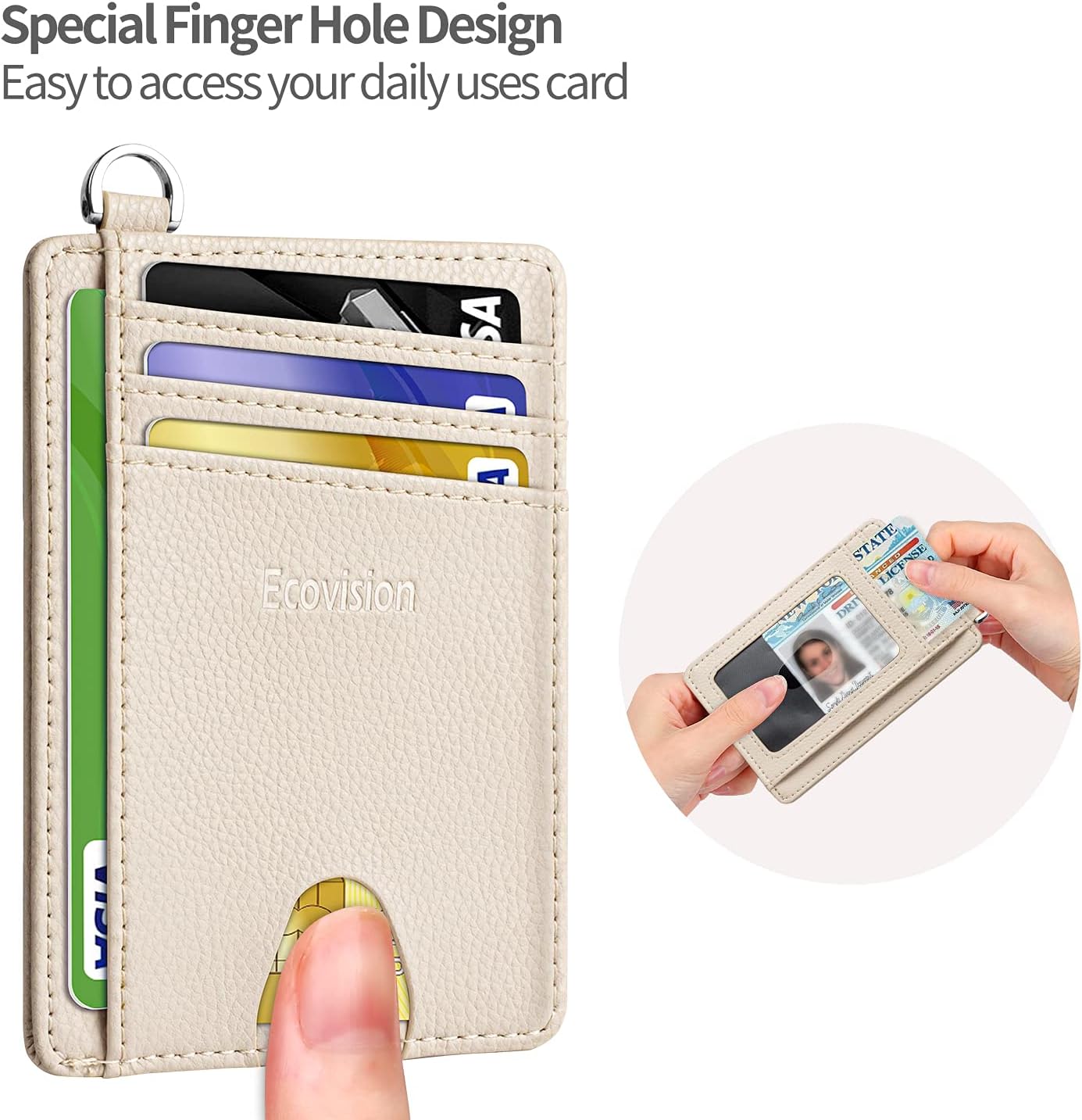 Slim Minimalist Front Pocket Wallet, RFID Blocking Credit Card Holder Wallet with Detachable D-Shackle, Beige