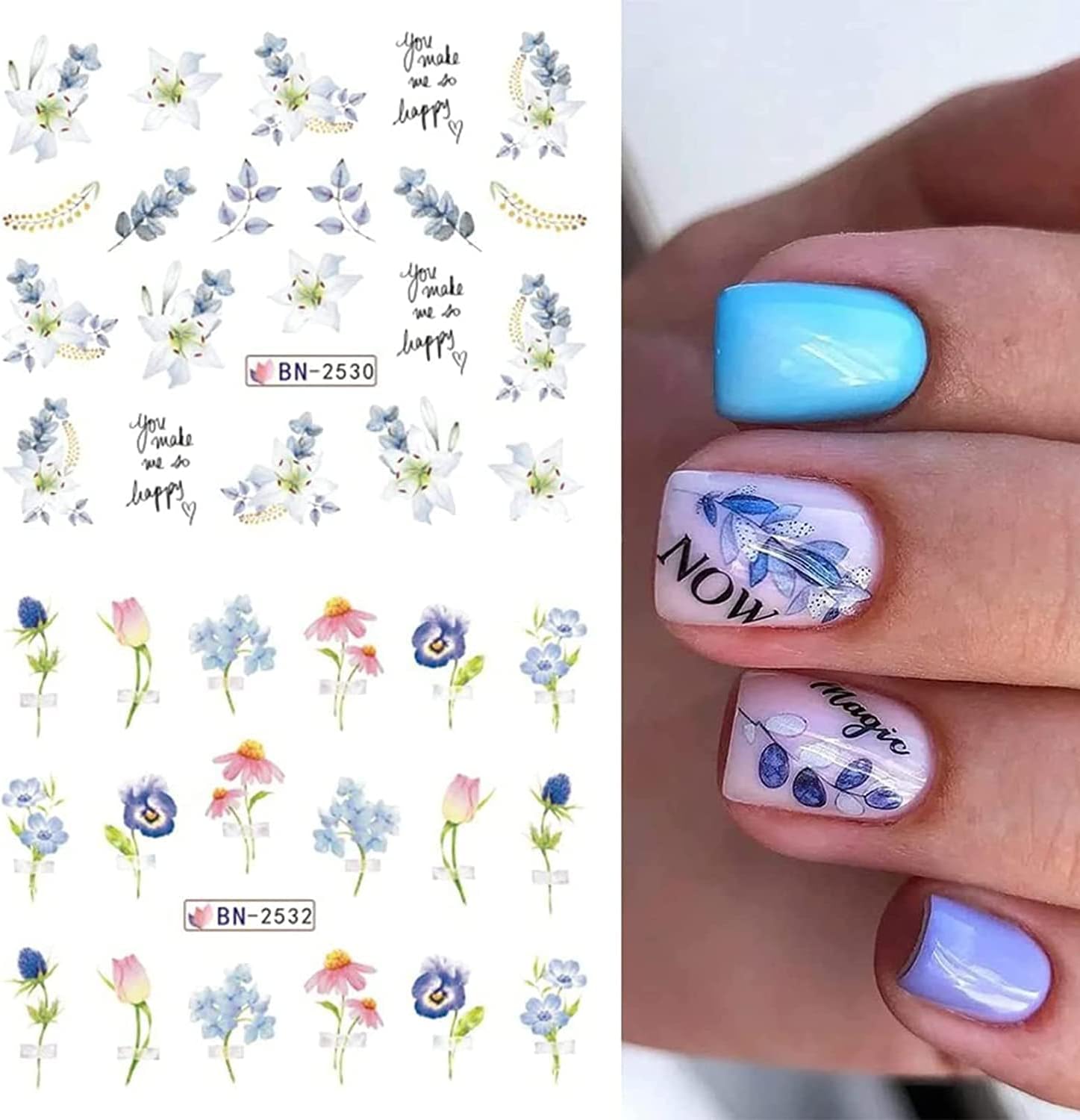 Flower Nail Decals Water Transfer Nail Art Supplies Summer Lily Orchid Butterfly, 12 Sheets
