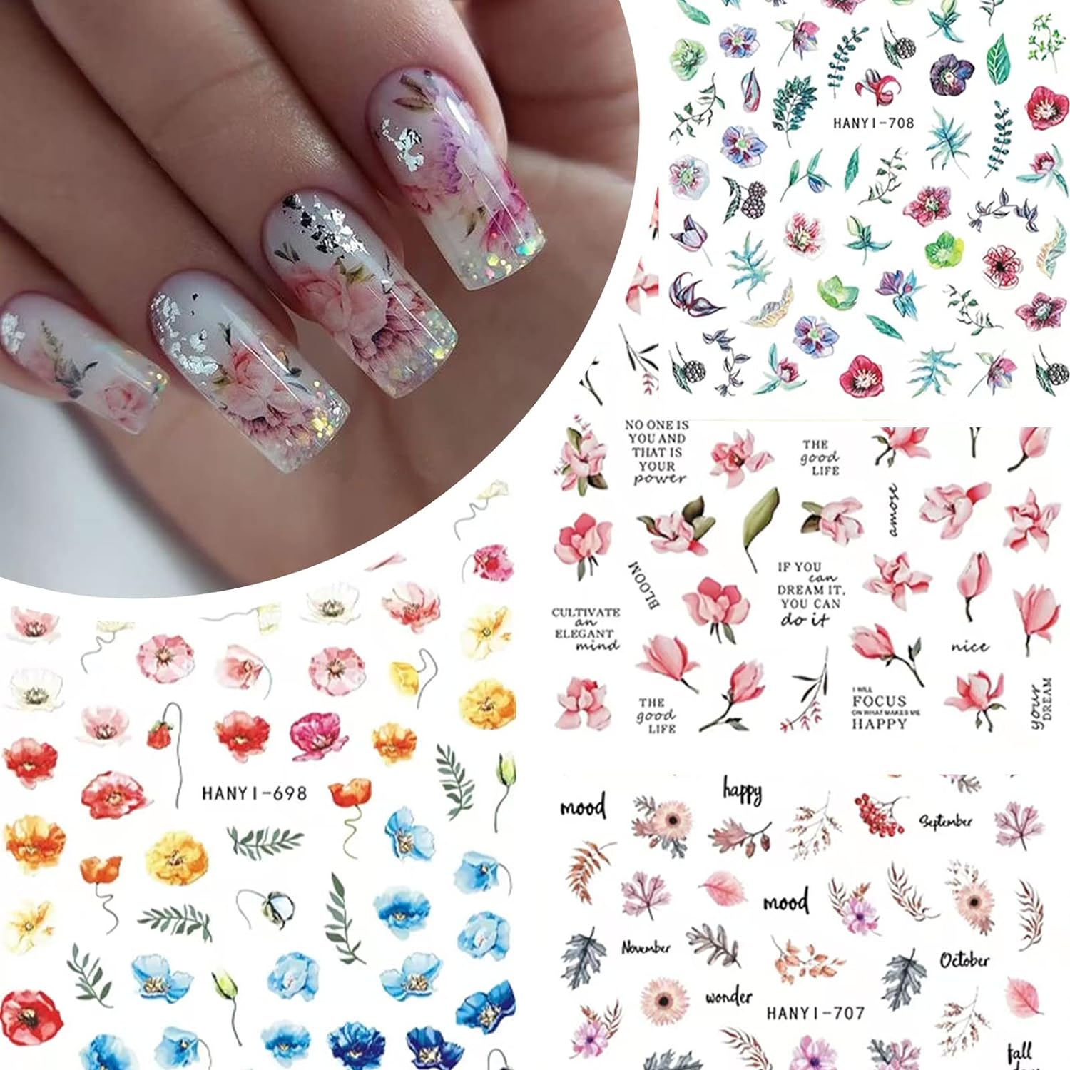 9 Sheets Flower Nail Art Stickers Decals 3D Self-Adhesive Nail Decals Spring Floral
