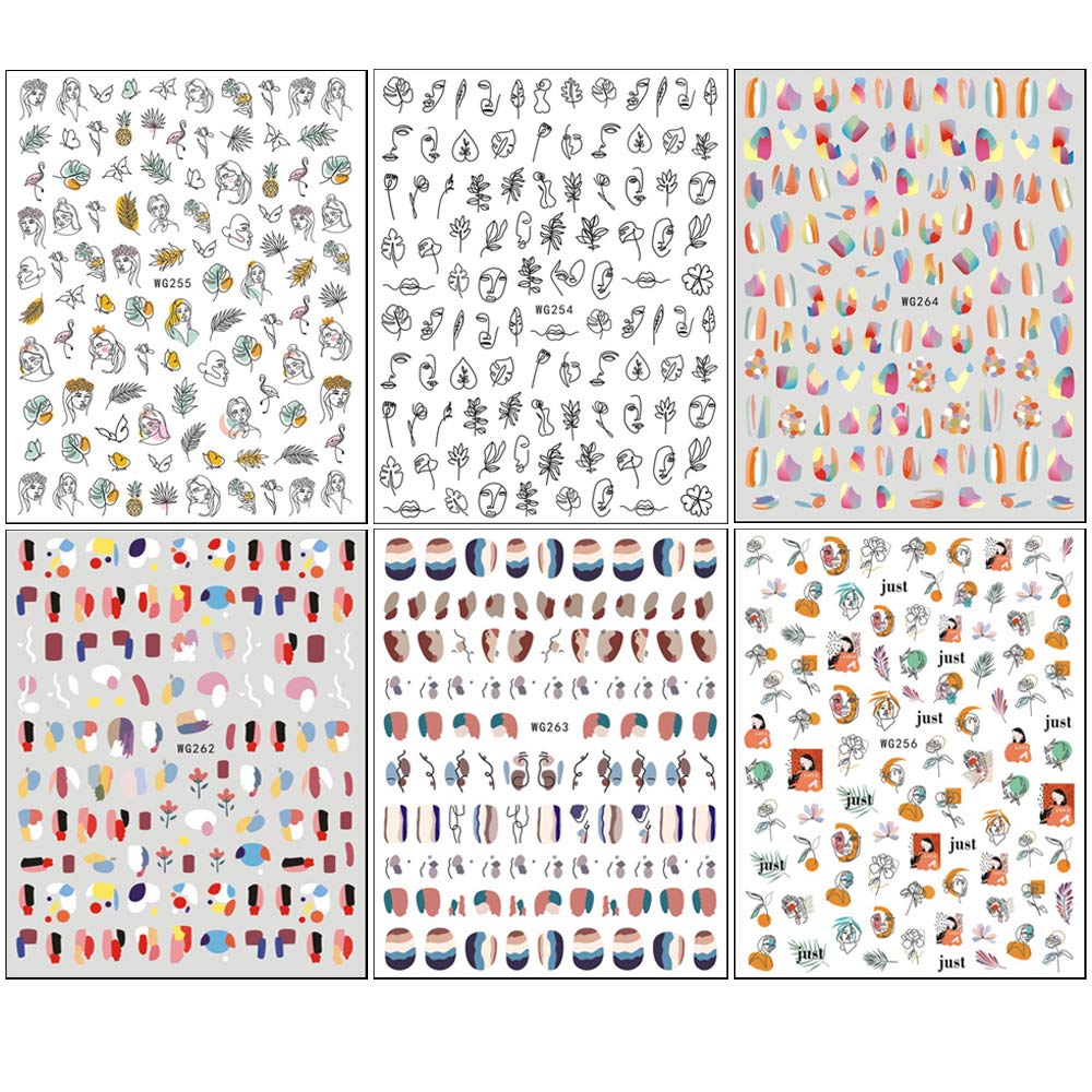 Graffiti Fun Nail Art Stickers, Abstract Nail Decals 3D Self-Adhesive, 6 Sheets