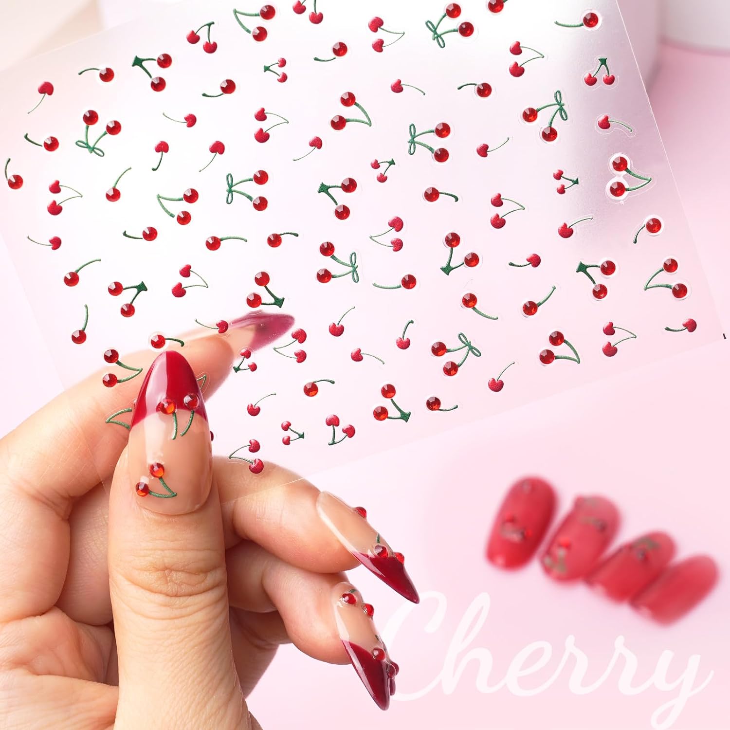 5D Nail Stickers Rhinestones Nail Art Crystal Cherry Art