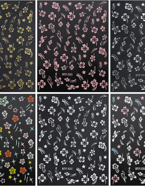 Load image into Gallery viewer, Hibiscus Nail Decals 3D Self-Adhesive White Pink Gold Flower Pattern, 6 Sheets
