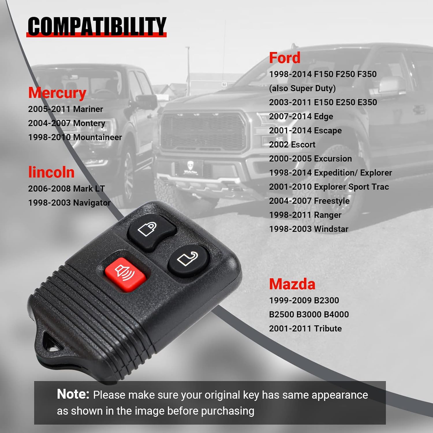 2 Replacement Keyless Entry Remote Key Fob Clicker Transmitter for Ford 1998-2016