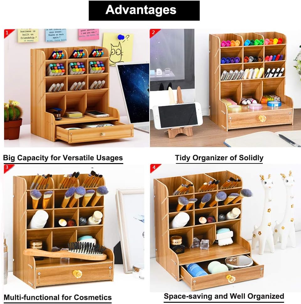 Wooden Desk Organizer, Multi-Functional DIY Pen Holder Storage Box Desktop Stationary