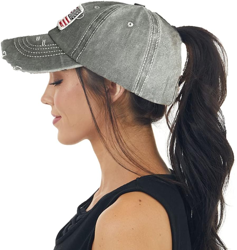 Ponytail Hat for Women American-Flag Pony Tail Caps High Bun