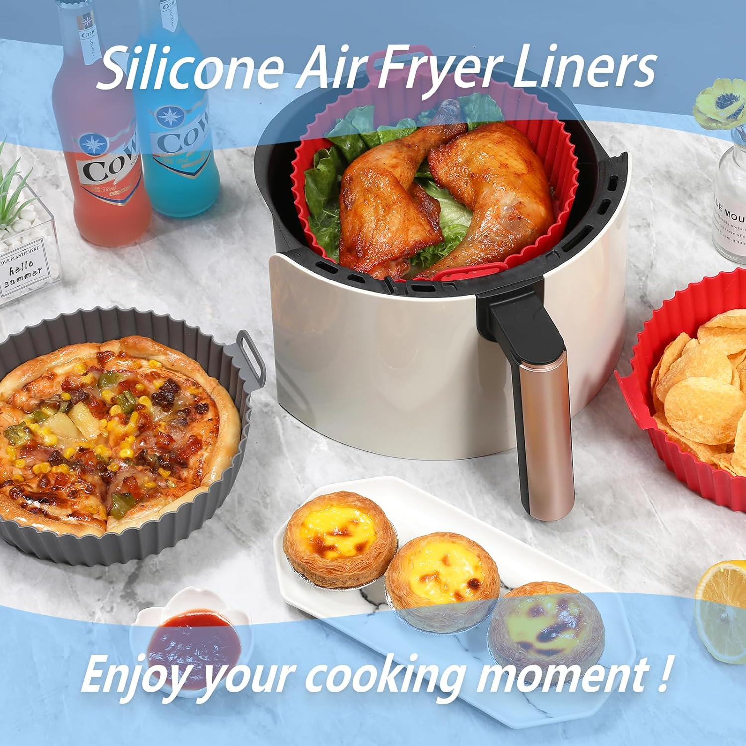 2 Pcs Reusable Non-Stick Air Fryer Basket Bowl Fit 3-5QT Air fryer Baking Replacement of Flammable Parchment Paper(Round, 6.5 Inch)