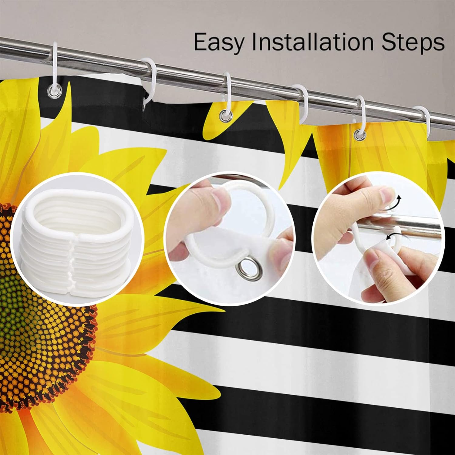 Shower Curtain Waterproof Home Decor Brown Bright Sunflowers Striped Black and White Pattern,66 x 72 inches