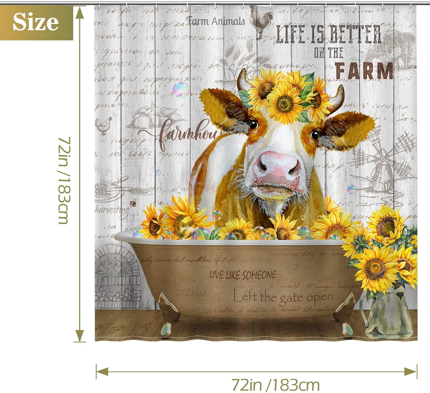Cow Sunflower Shower Curtain Funny Cute Farm Animal Rustic Wooden Country Farmhouse, 72"x72"