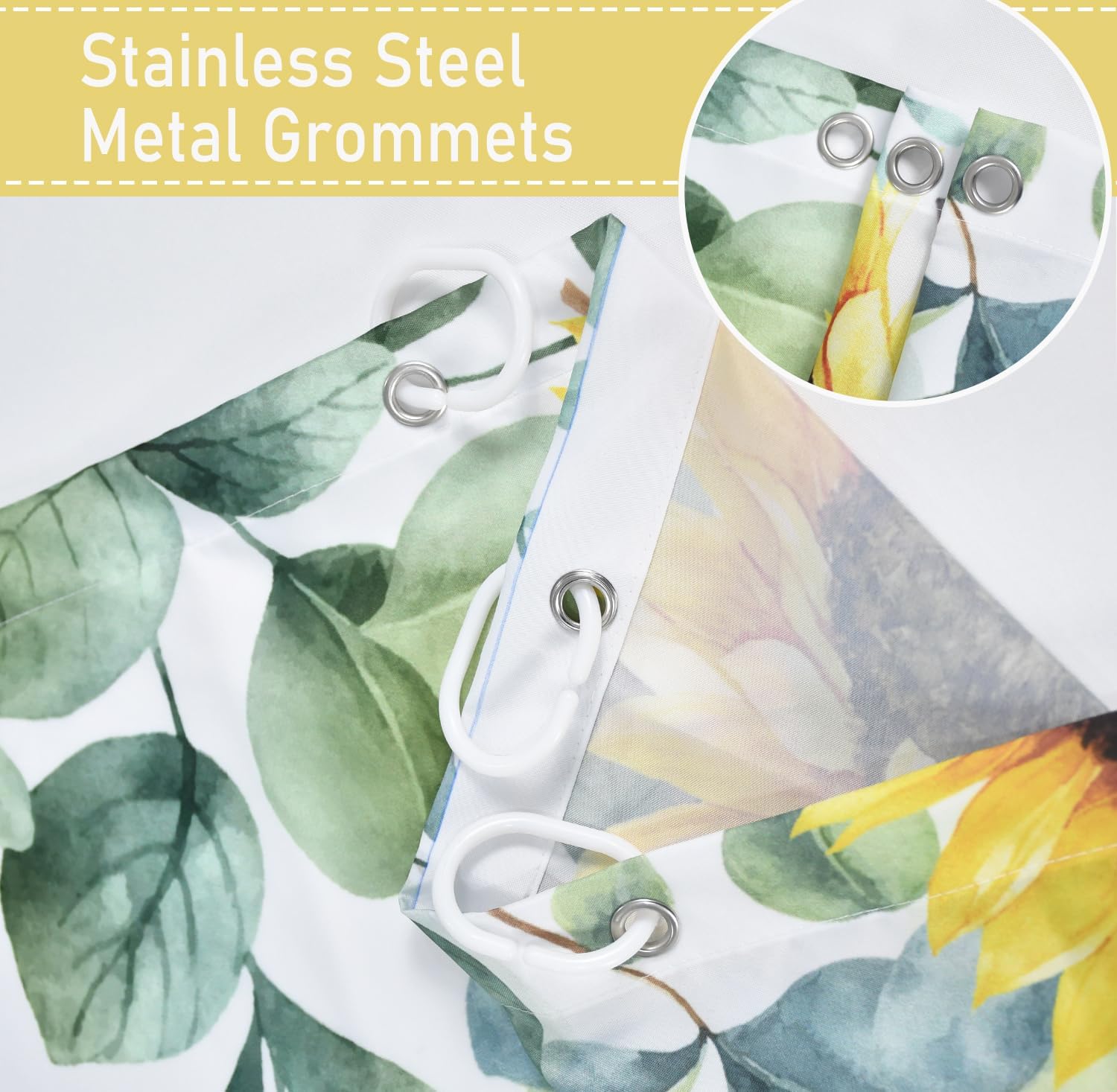 Eucalyptus Sunflower Shower Curtain Sage Green Spring Watercolor Leaves Farmhouse Decor, 72"x72"