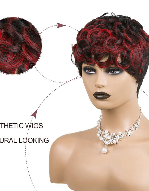 Load image into Gallery viewer, Short Cut Wig Black Mixed With Red Curly Wigs Natural Black Mixed Red
