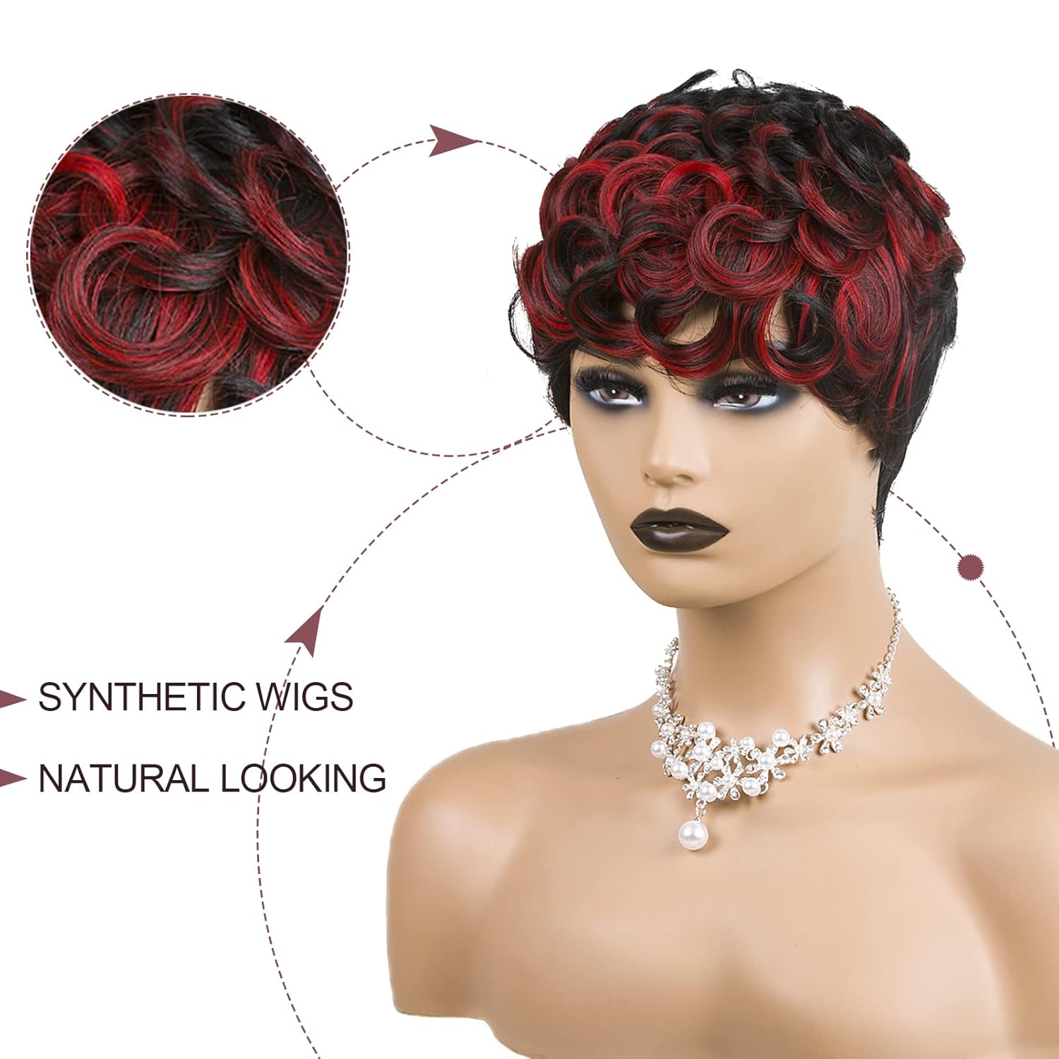 Short Cut Wig Black Mixed With Red Curly Wigs Natural Black Mixed Red