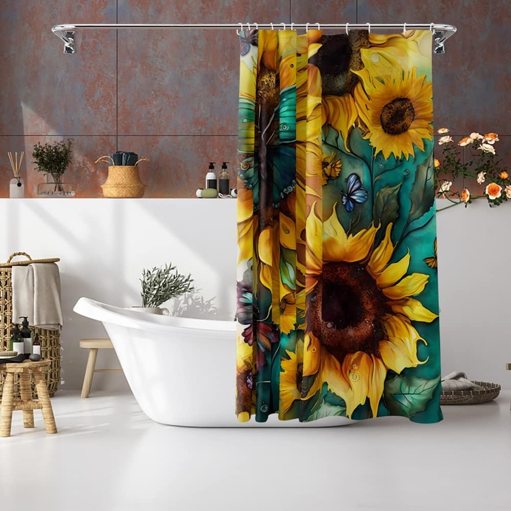 Big Yellow Sunflower Shower Curtain with Hooks Summer Waterproof Floral Decorative Bathroom Curtain Set, 72"x72" Seamless