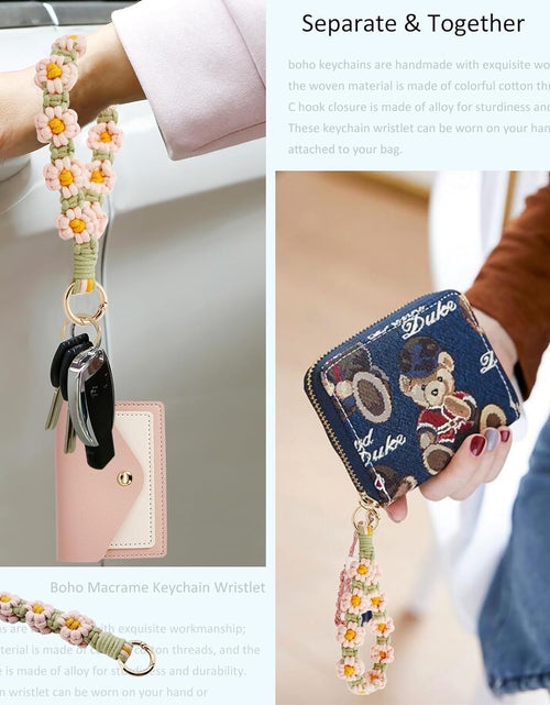 Load image into Gallery viewer, Boho Wristlet Keychain Wallet Lipstick Holder Handmade Wristband Bracelet, Pink Green
