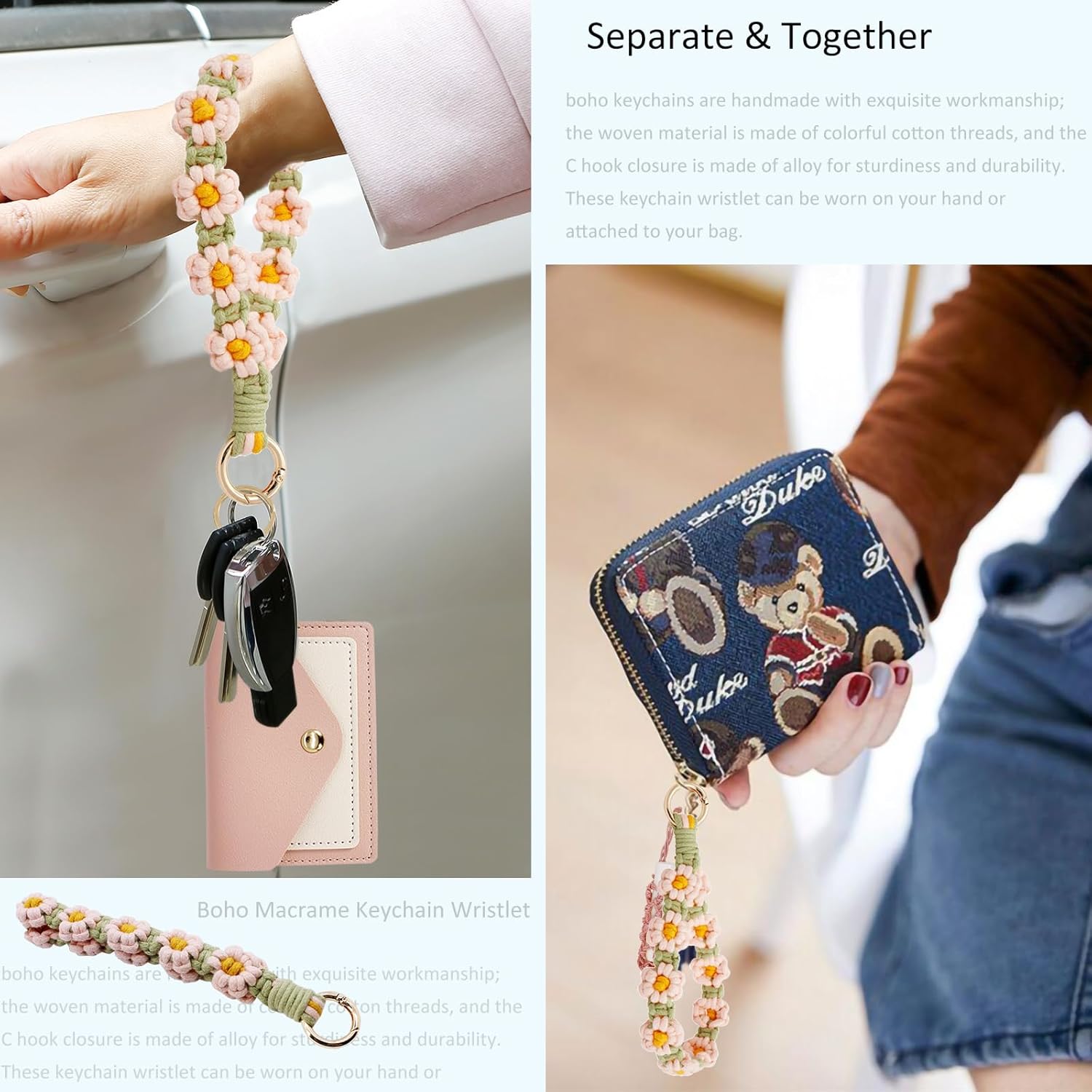 Boho Wristlet Keychain Wallet Lipstick Holder Handmade Wristband Bracelet, Pink Green