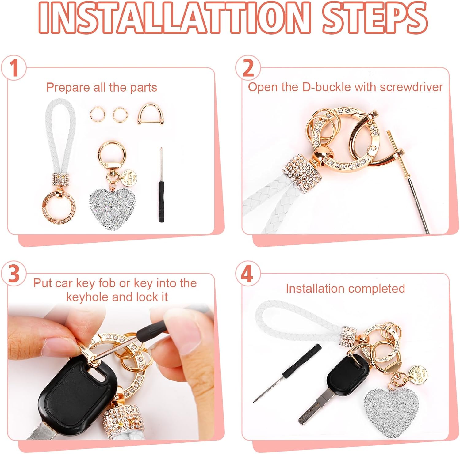 Car Keychain for Women with Rhinestone Heart Shape Bling Girl Cute Keychain, White
